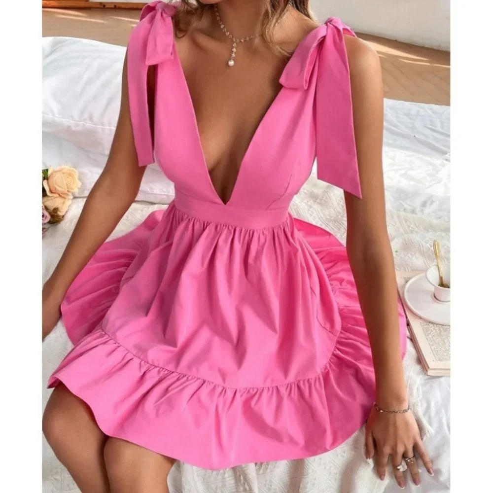 Pink Tie Shoulder Ruffle Hem Dress - PLUS size available also - Picture 1 of 11